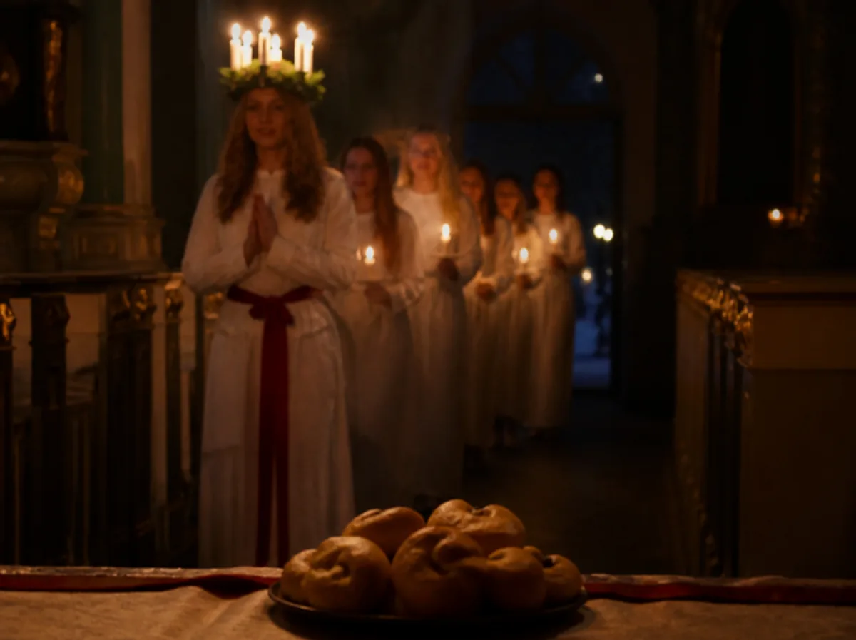 Lucia-Umzug in einer dunklen Kirche: eine junge Frau in weißem Gewand mit rotem Band und Kerzenkranz, dahinter Mädchen mit Kerzen, vorne ein Teller Safranbrötchen