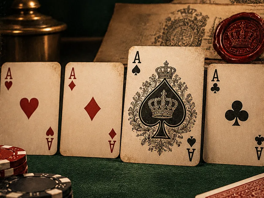 The four aces of an old deck, the ace of spades ornately decorated with a crown, a red wax seal with a crown beside them
