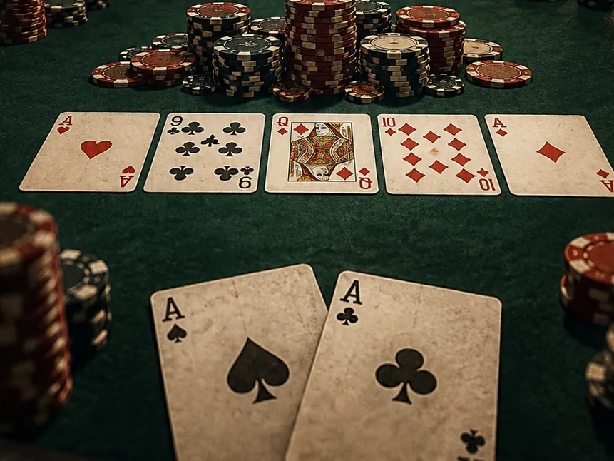 Poker table with a board of ace, nine, queen, ten and ace, and the ace of spades and ace of clubs as hole cards