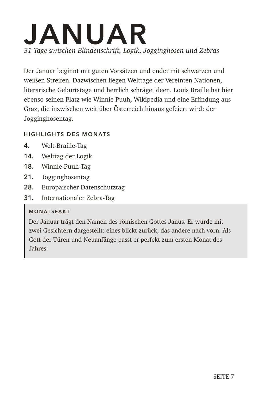 Seite 7: Der Januar mit seinen Highlights, vom Welt-Braille-Tag bis zum Internationalen Zebra-Tag