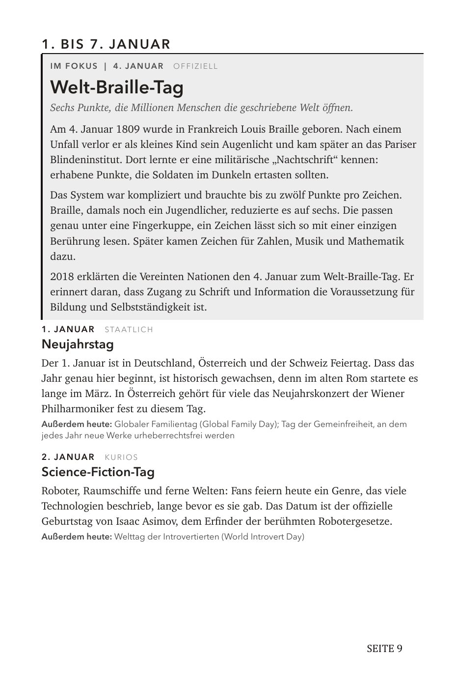 Seite 9: Im Fokus der Welt-Braille-Tag, dazu Neujahrstag und Science-Fiction-Tag