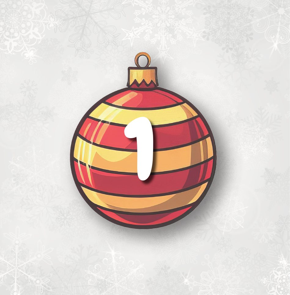 Tag 1: eine rot-goldene Christbaumkugel mit der Zahl 1