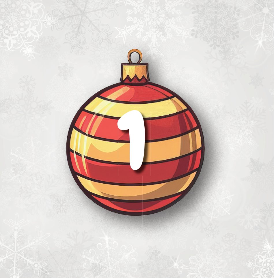 Day 1: a red and gold Christmas bauble with the number 1