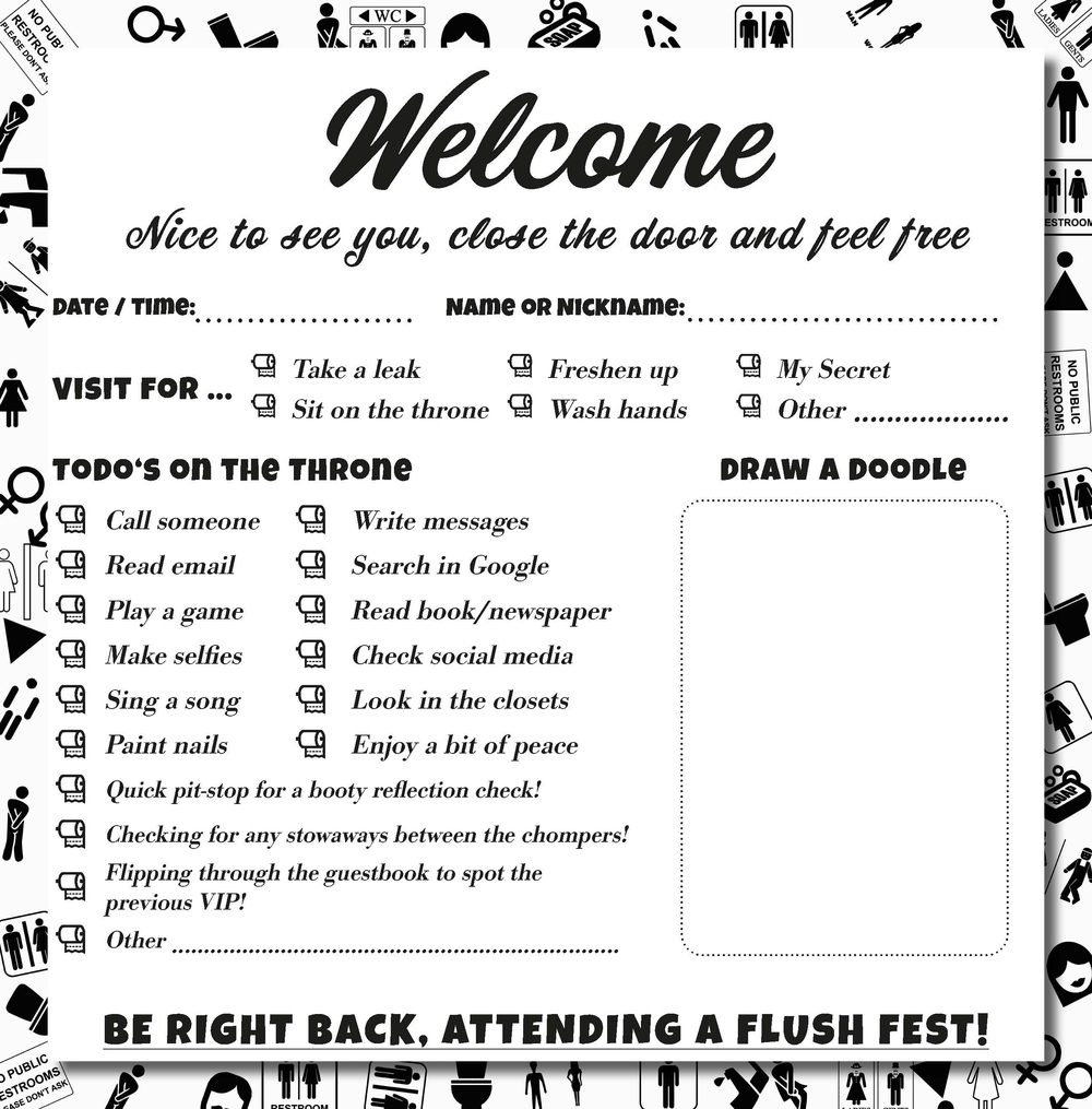 Welcome page: date, name or nickname, reason for the visit, to-dos on the throne and a box to draw a doodle