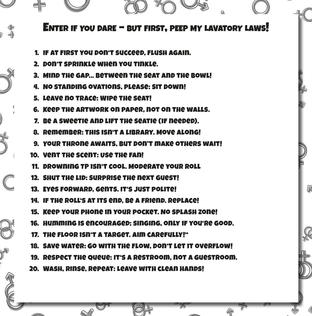 Lavatory laws: 20 house rules such as: If at first you don't succeed, flush again