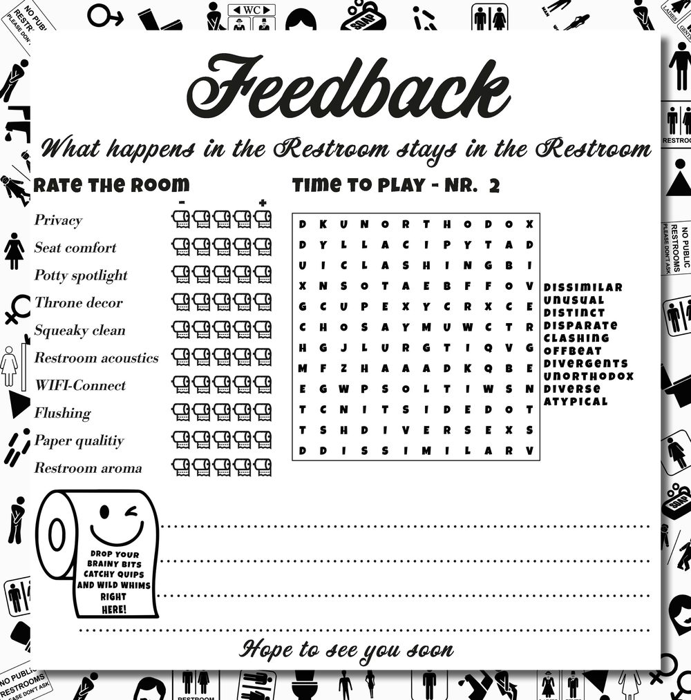 Feedback page: rate the room with toilet rolls, a word search puzzle and lines for a note